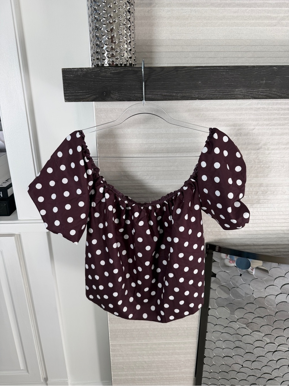 Polka Dot Puff Sleeve Off-Shoulder Top - Brown